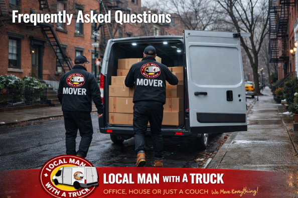 Local Man With a Truck movers wearing branded black jackets unloading moving boxes in a New York neighborhood